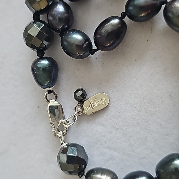 Anthology 925 Sterling Silver Clasp Faceted Hematite Pearl Beaded Long Necklace - Picture 7 of 11